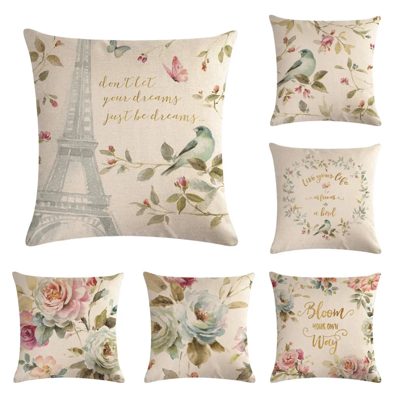 

Spring Paris Pillowcase Bird Flower Pillow Case Decor Home Garden Chair Pillow Cover for Pillows 45x45cm Sofa Bed Living Room