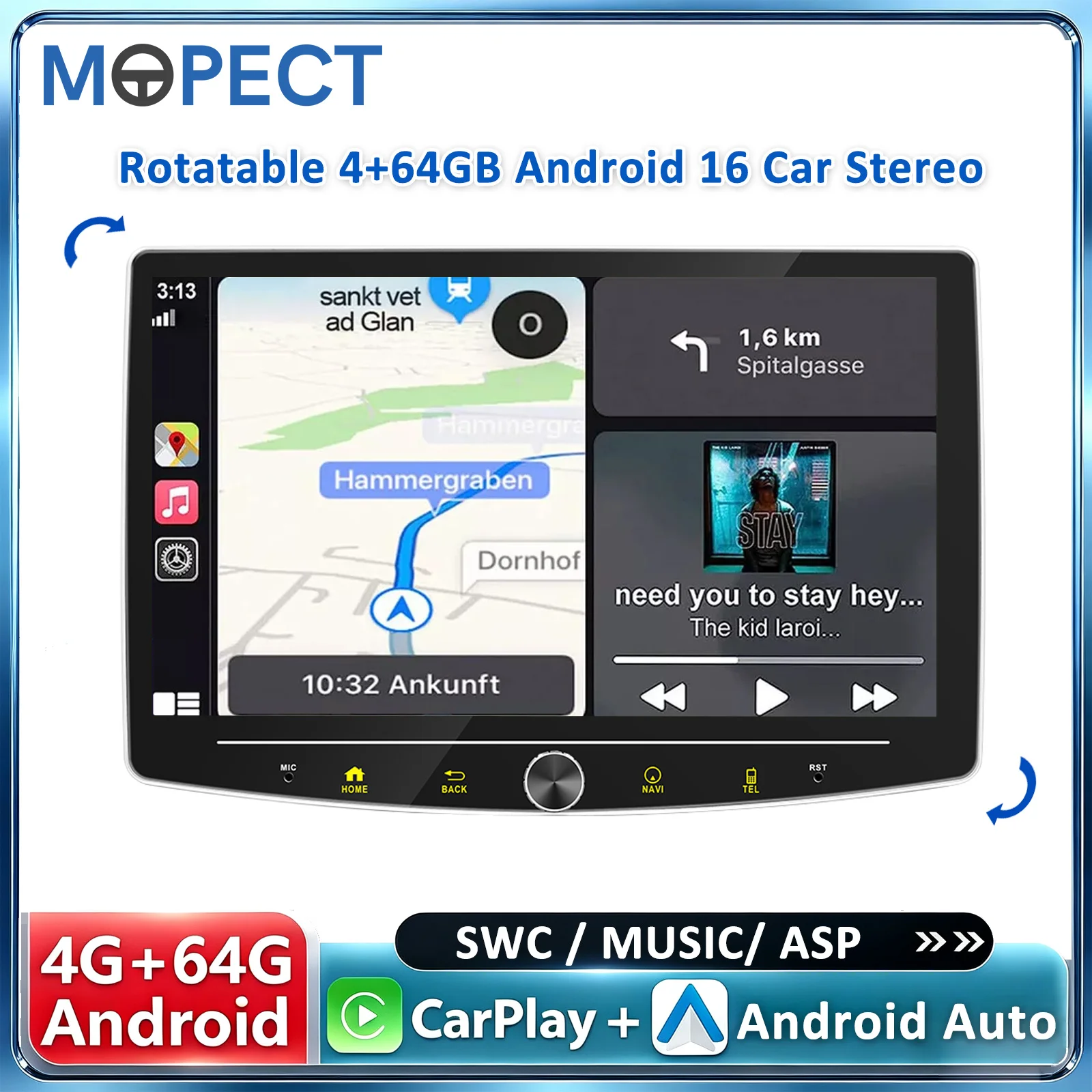 MOPECT, autoradio Android da 10,1 pollici, con schermo IPS touchscreen girevole, sistema Android 16, 4+64 GB di memoria, compatibile con Android Auto, radio DAB+, navigazione GPS, Bluetooth, autoradio