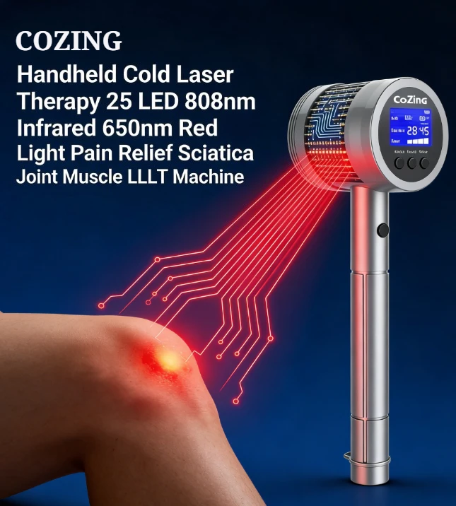 

Портативный холодный лазер LLLT с 25 диодами (808 нм, 650 нм) для облегчения боли при ишиасе, воспалении мышц спины, физиотерапевтический инструмент