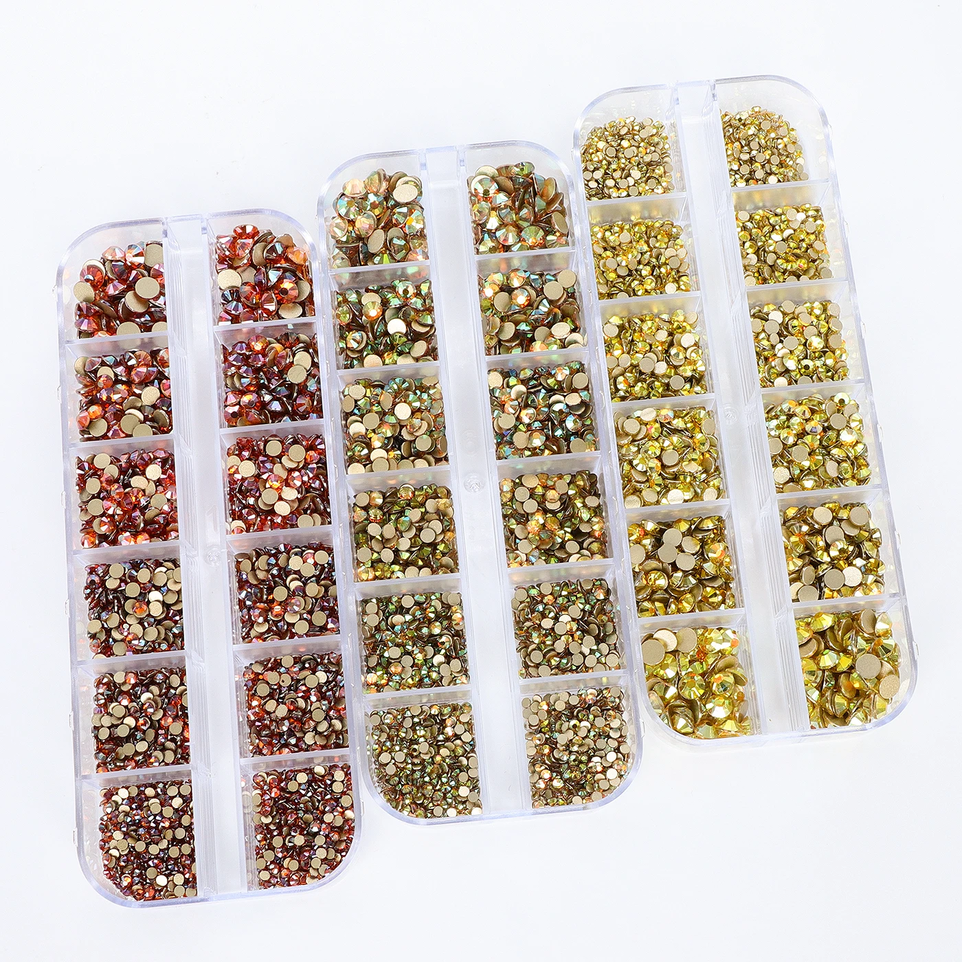 QIIY 12Grids SS6-SS20 Mixed Nail Glass Rhinestones Gold Flatback Diamond Nail Gems Glass Stones Nails Glitter Decoration