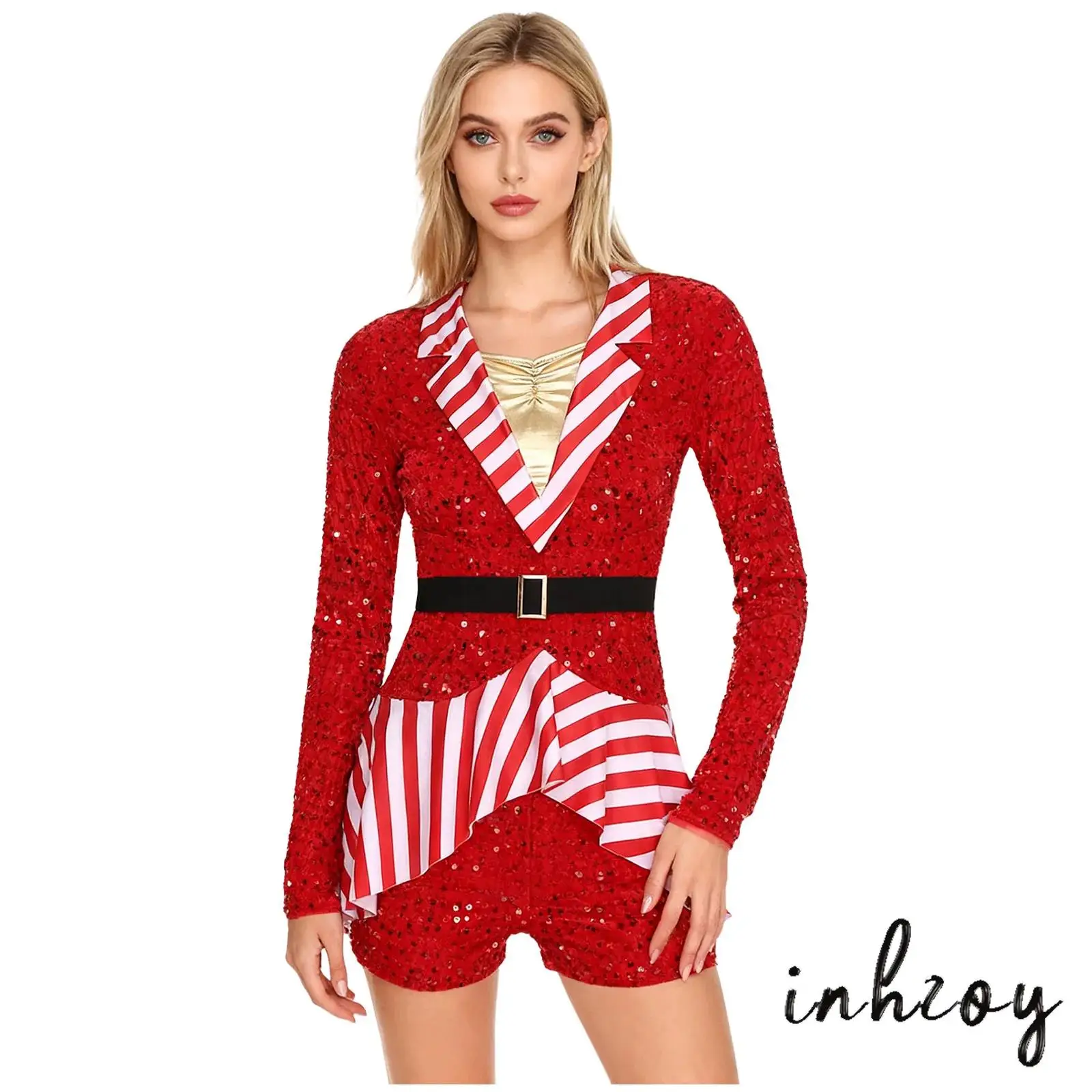 

Women's Christmas Candy Cane Cosplay Jumpsuit Stripe Sequined Velvet Patchwork Boyshorts Bodysuit for Circus Cosplay Xmas Party