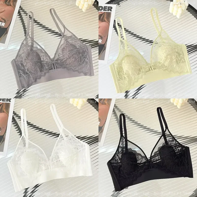 Sexy Lace Crop Top Deep V Backless Camisole Hollow Mesh Bra Solid Color Seamless Underwear Removable Chest Pad Tank Top