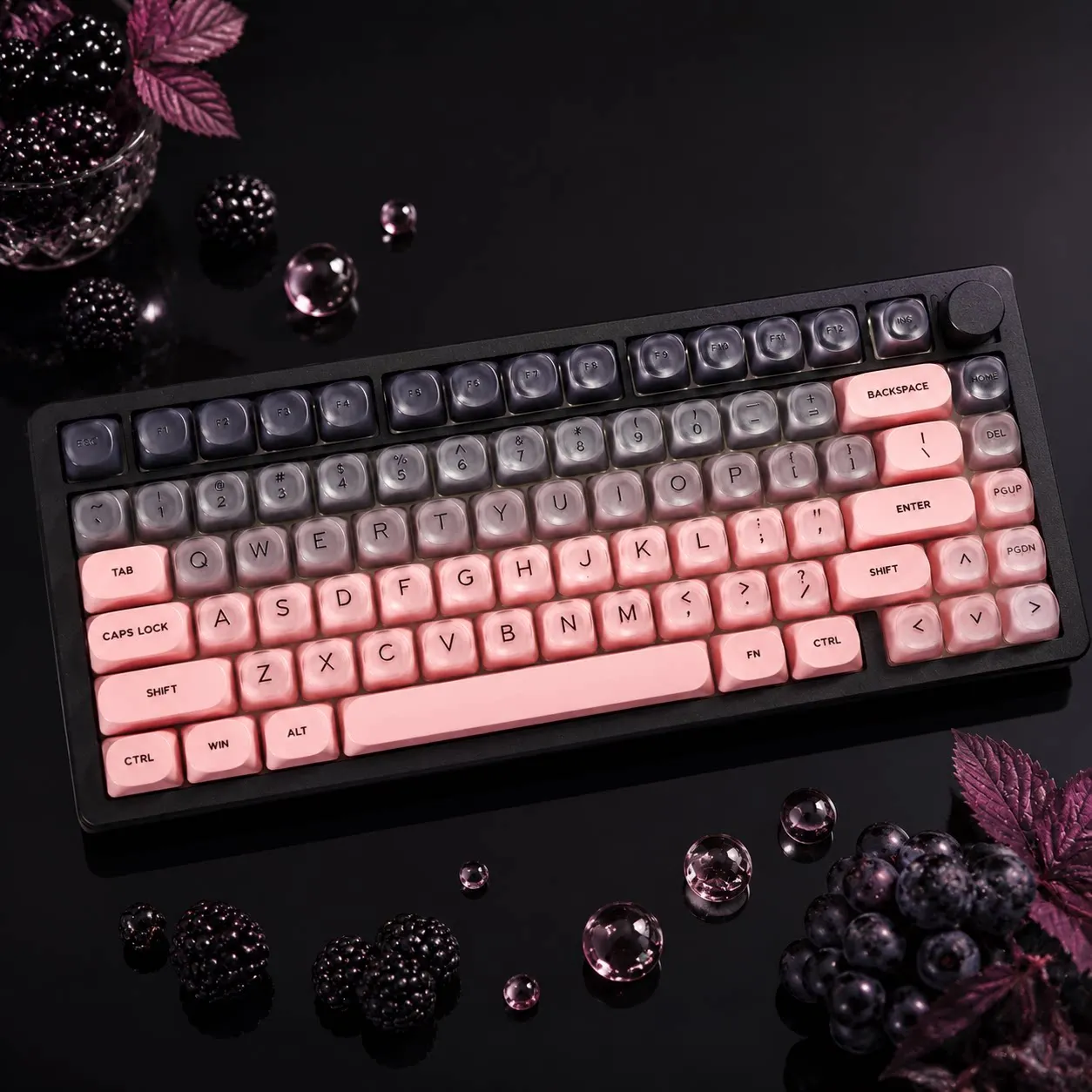 Juego de teclas de cristal con degradado de color negro y rosa, personalizable, para teclados mecánicos de juegos, juego de teclas PBT para teclados de 61, 75, 87, 96, 104 y 108 teclas.