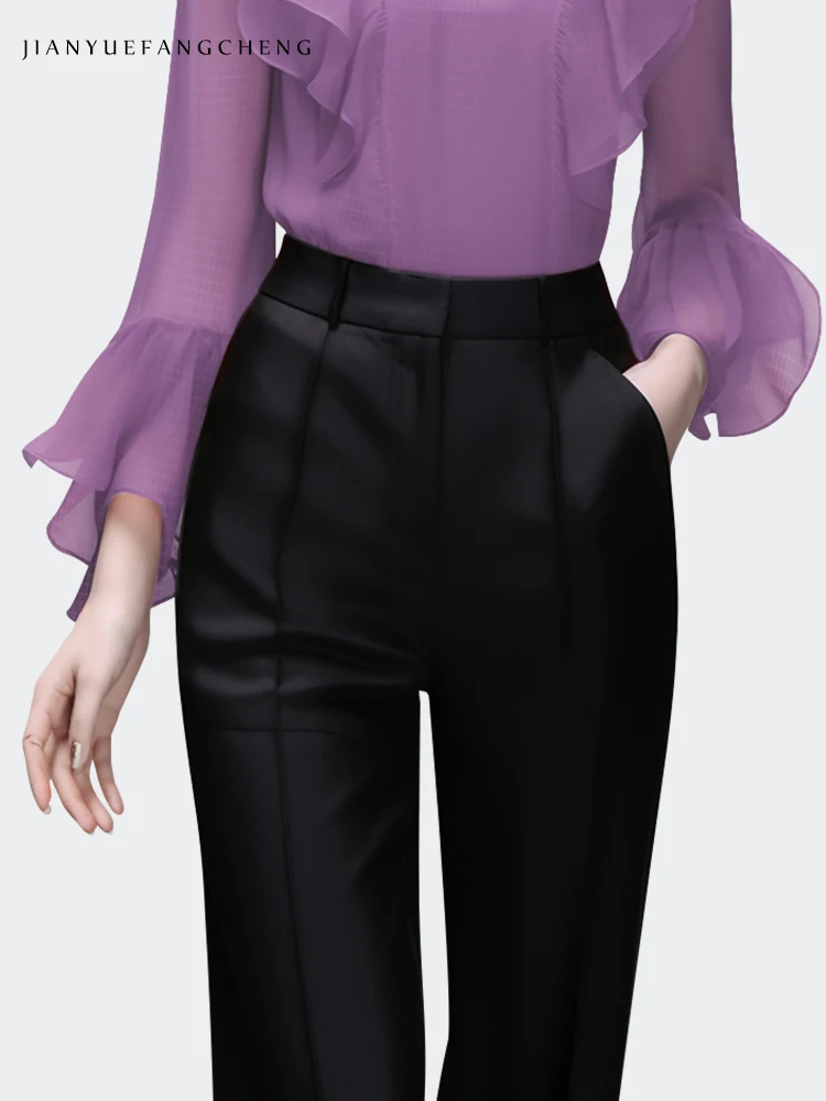 Blusa de gasa de manga larga con volantes, camisa informal holgada con cuello en V, elegante, de tul, color morado, para primavera y verano, 2024