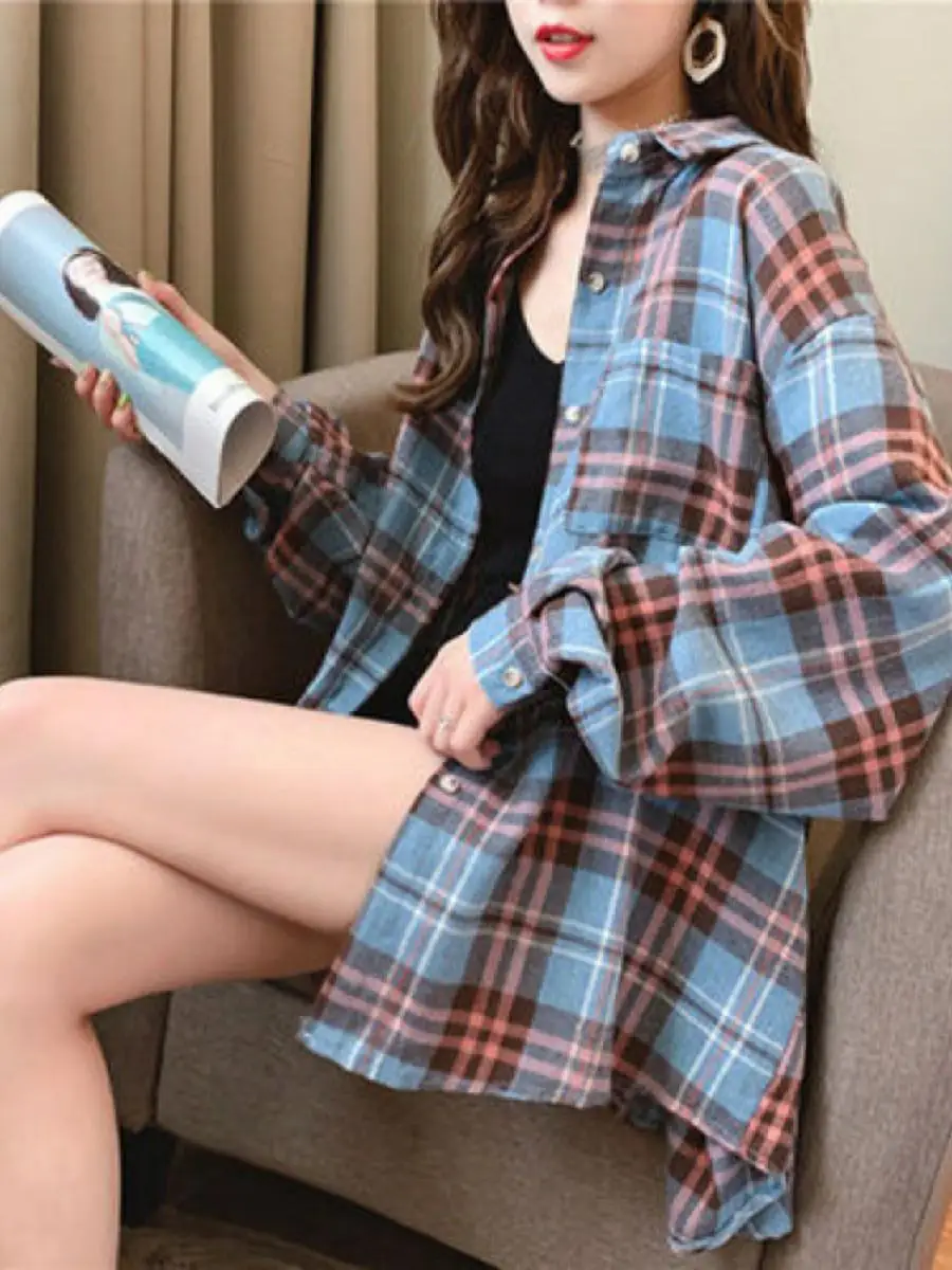 

Cotton Plaid irt Women's Design Sensation Long Sve Korean Sle Retro Hong Kong Flavor Cold Tone Wind irt Autumn