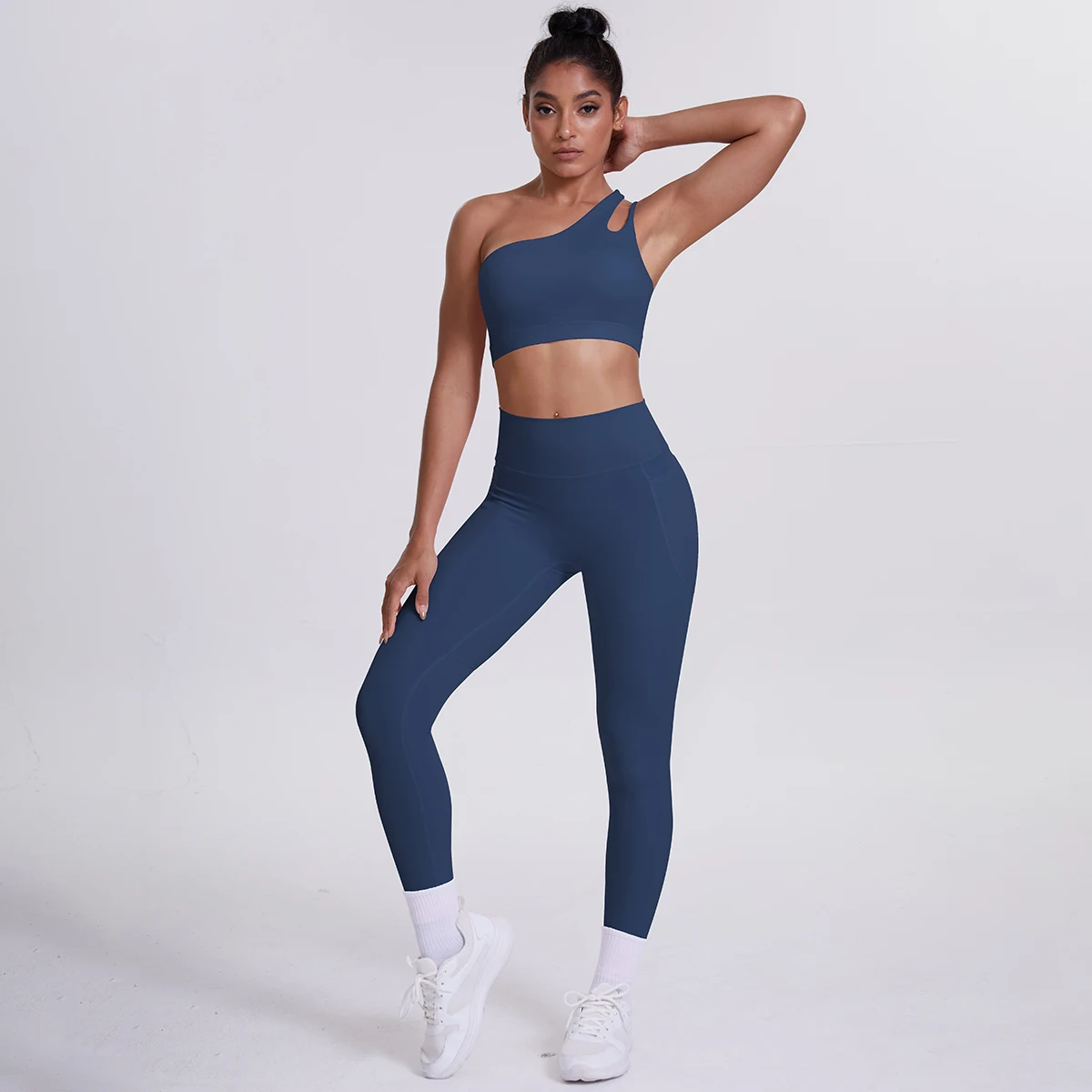 2-teiliges einfarbiges Sport-Yoga-Set für Damen, sexy, schräger Schulter-BH, Fitness-Top, Laufen, Radfahren, Taschen, Hosen, Fitnessstudio, Yoga-Set – Detail 15
