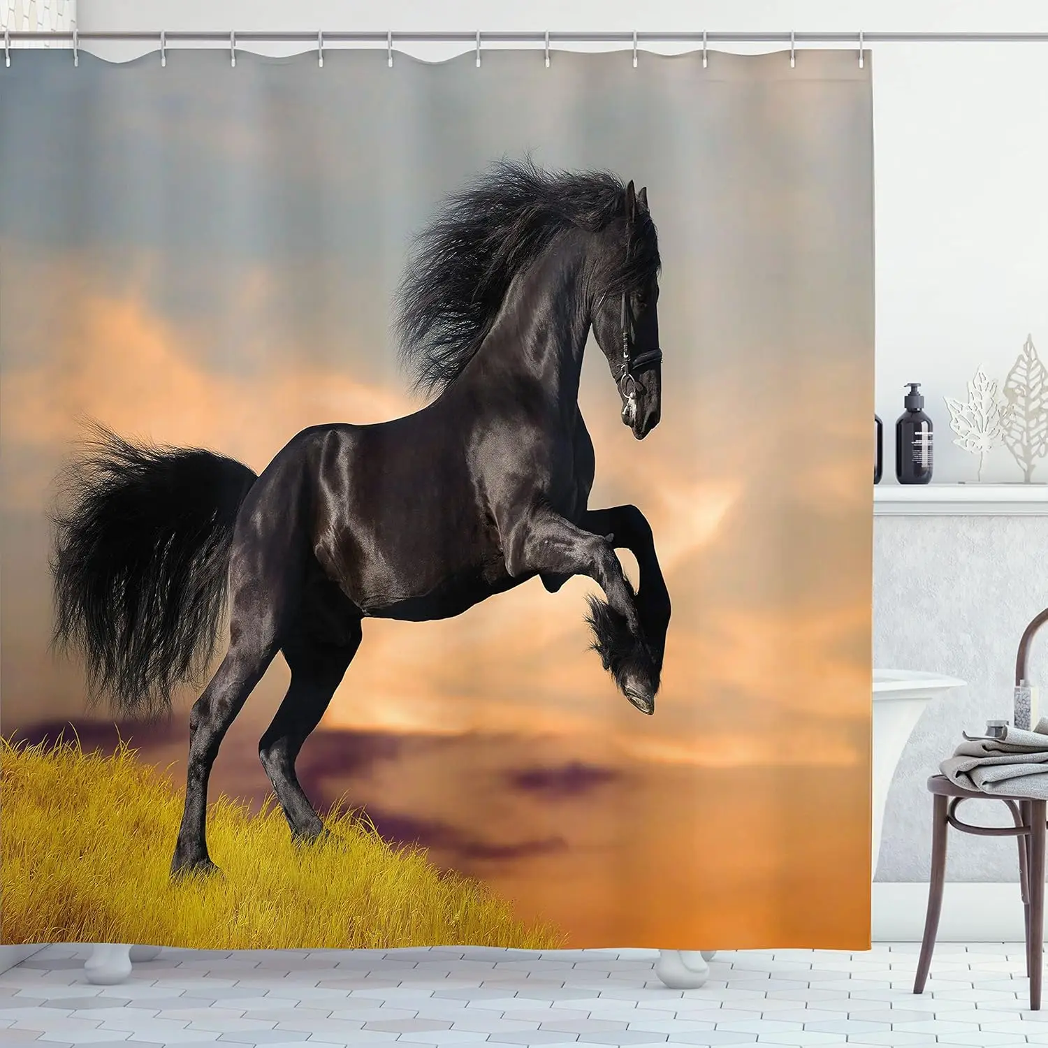 Horse Shower Curtain,Western Wildlife Theme Friesian Horse Galloping Idyllic Sunset Scenery Pasture Nature,Cloth Fabric Bathroom