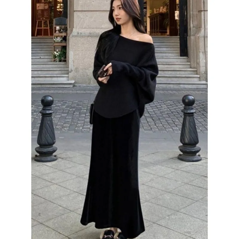 Women Autumn Winter Mermaid Long Skirt Soft Velvet High Waist A Line Hip Wrap Casual Fishtail Maxi Skirt