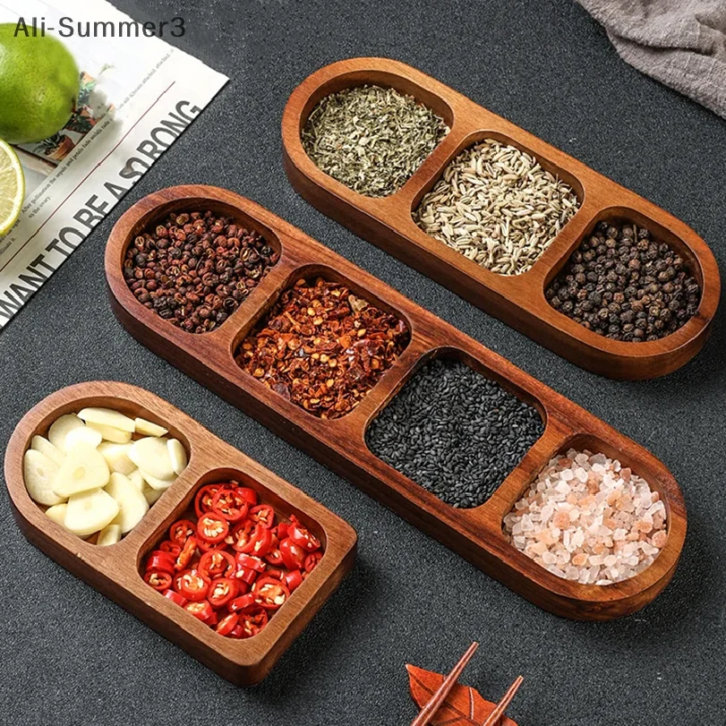 Solid Wood Tray 2/3/4 Grid Seasoning Tray Breakfast Food Sushi Bread Dessert Sauce Tray Kitchen Dinner Seasoning Tray