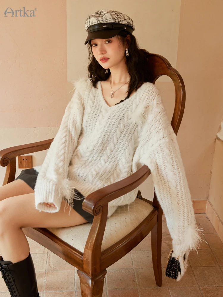 ARTKA 2022 Autumn New Women Sweater Fashion Loose Lazy Style Knitted Sweaters V-Neck Long Sleeve Feather Wool Knitwear YB92028Q