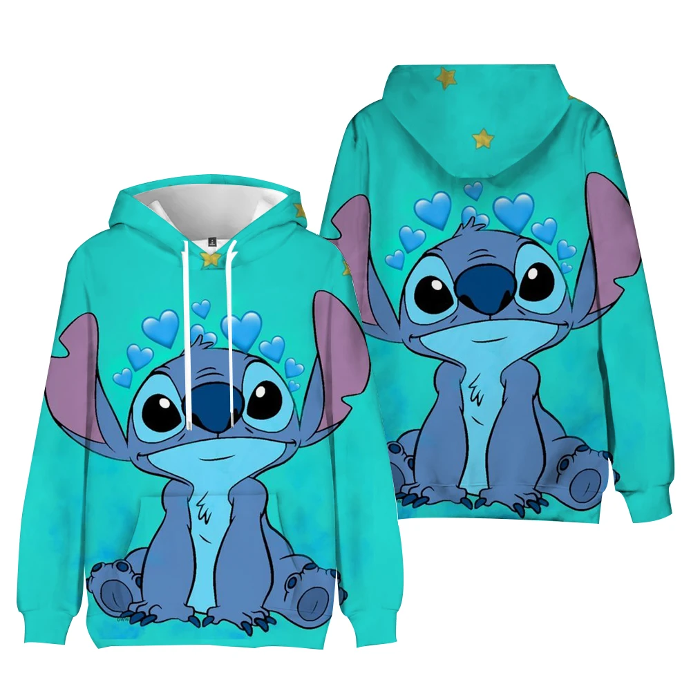 Disney Stitch Hoodies Women Harajuku Pullovers Cute Kawaii Casual Tops O-Neck Angel Print Hooded Sweatshirt Long Sleeves