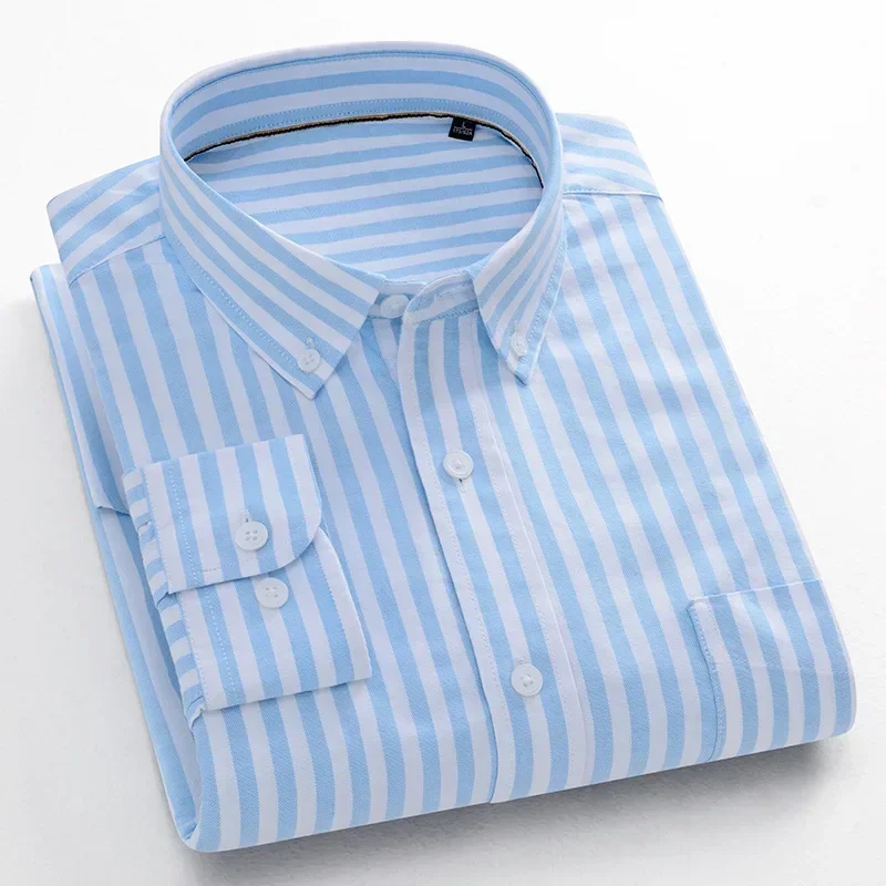 Oxford 100% Cotton Striped Long Sleeve Shirts for Man Slim Fit Casual Plian Shirt Trends Designer Tops Clothes