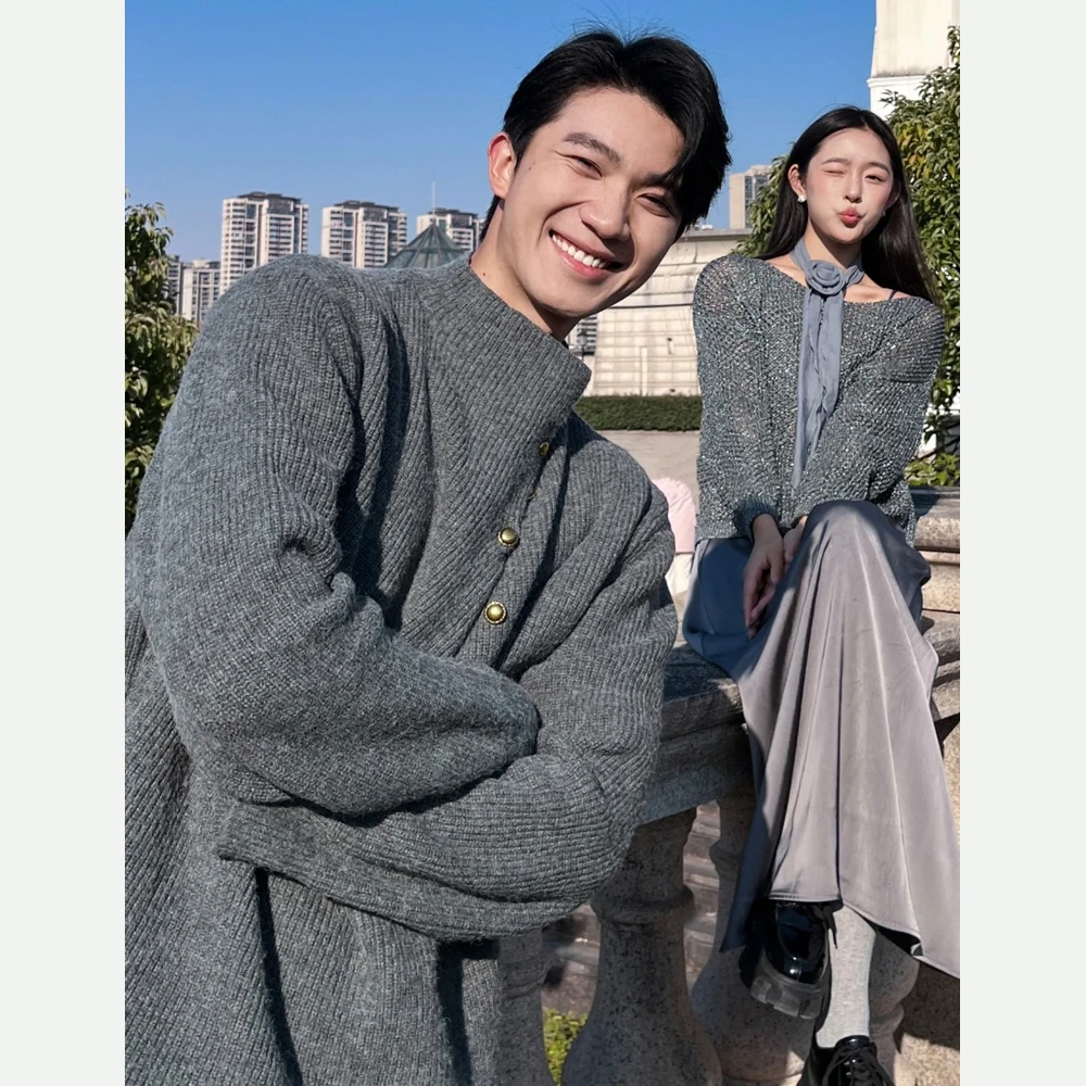 

New Chinese Sle Men's Oversized Knitwear Sweater with Button Asymmetrical Loose Fit Autumn Winter Casual Aosphere