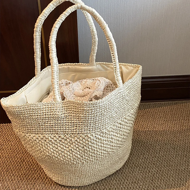 

Brand Straw Woven Bucket Bag, New Summer Beach Vacation Shoulder Tote Fashion Large Capacity Handbag Retro Commuter Basket Purse