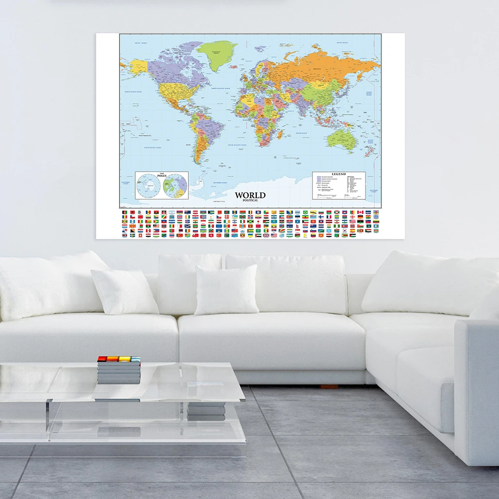 Non-Woven Canvas Pintura Adesivo De Parede, O Mapa Do Mundo Poster, Decoração Para Casa, Pendurado Imagem, Material Escolar, Cartão, 150x100cm