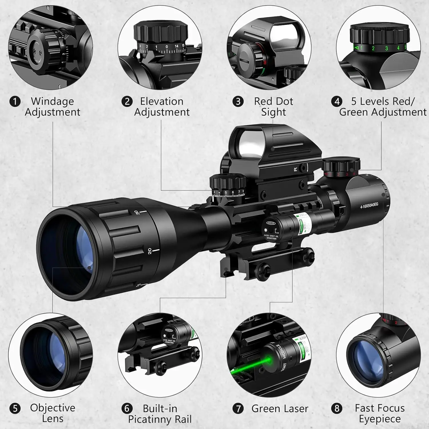 CVLIFE 4-16x50 AO Tactical Rifle Scope Dual Illuminated Optics & Illuminated Sight 4 Holographic Reticle Red/Green Dot Si