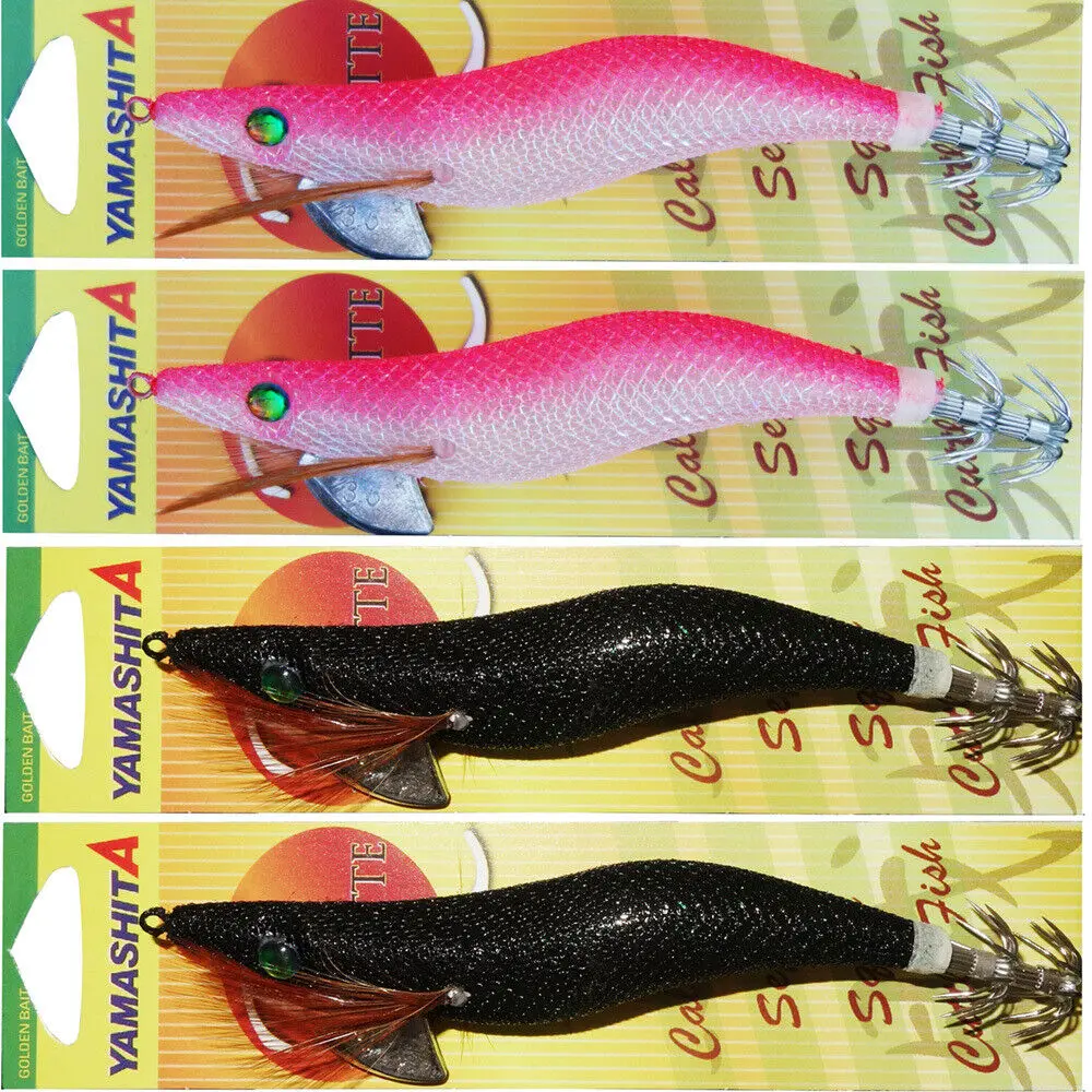 

4X 3.5 YAMASHITA SQUID JIGS Glow in Dark Rattle Squid JIg Black and Red Color