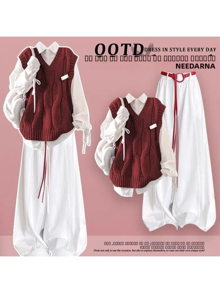 

Ранняя осень 2024, женский вязаный жилет Dstring irt, комплект из двух предметов, повседневный костюм для колледжа, большие размеры, стандартный крой