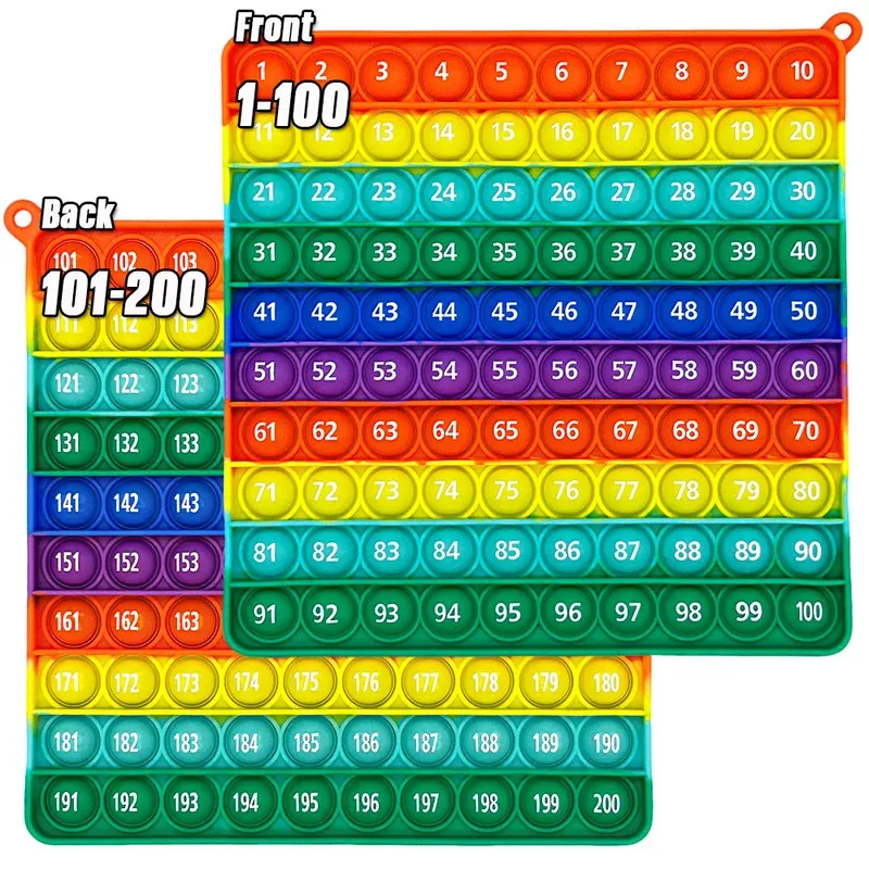 Rainbow Math Fidget Toy - 1-200 Counting Push Bubble Board, Silicone Educational Game for Preschool Kids