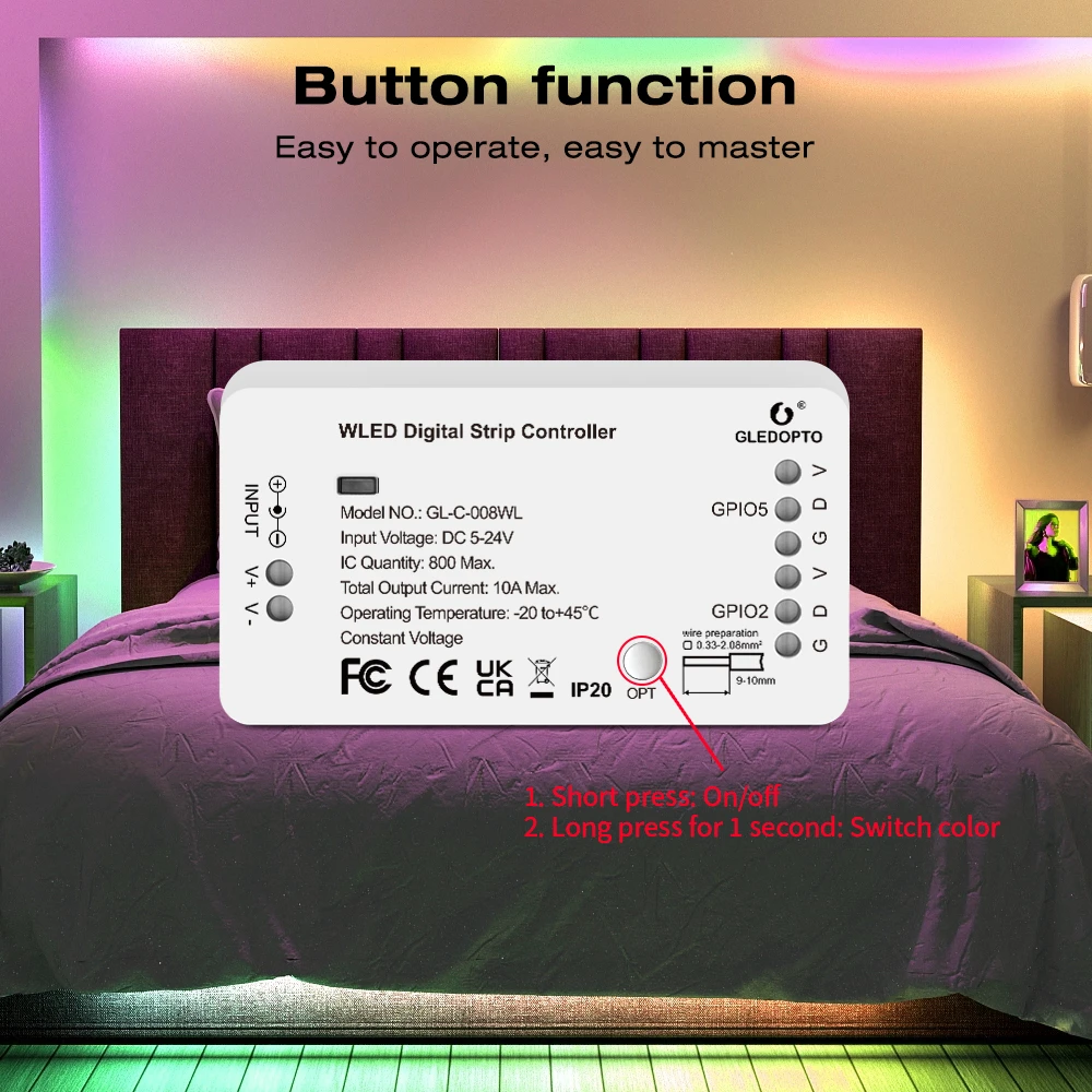 Aubess WLED Strip Controller LED Lighs Over 100 Dynamic Lighting Modes DIY WiFi APP Control 800 IC RGB RGBW For Bedroom Kitchen