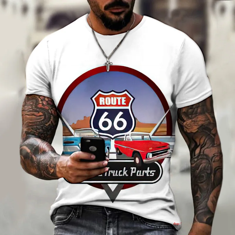 تي شيرت مطبوع ثلاثي الأبعاد للرجال والأولاد من Route 66: طباعة ثلاثية الأبعاد قابلة للتمدد قليلاً وياقة دائرية وأكمام قصيرة لصيف 2025-2026 في الهواء الطلق