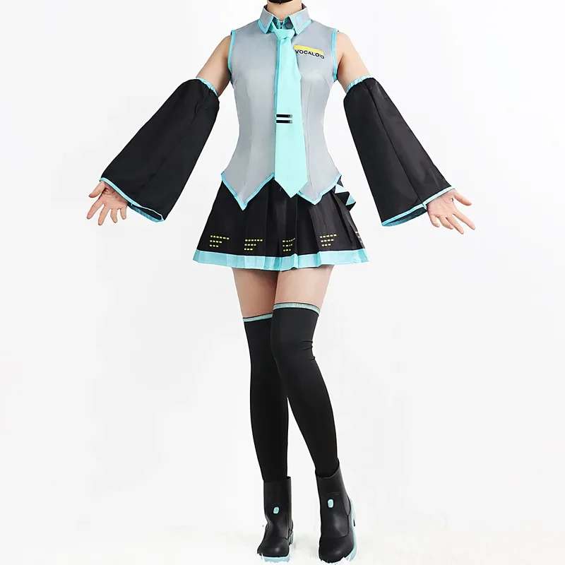 COSMiku Cosplay Full Set Silver Grey Patent Leather Fabric Suit Miku Cosplay Shoes Headwear Costume Outfit JK uniform Cosp view 5