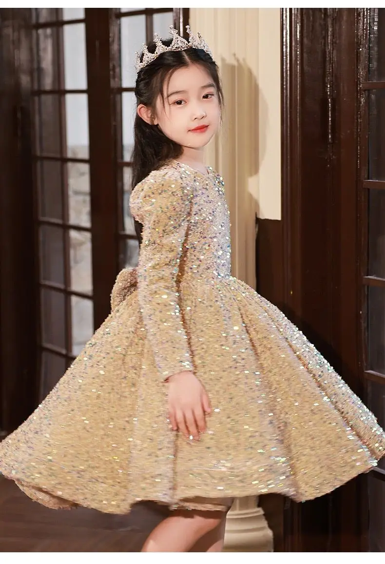 Elegant Golden Sequin Lace Flower Girl Dress Long Sleeves Puffy Pageant Gown Big Bow Baby Girl Birthday Party Weeding Vestidos