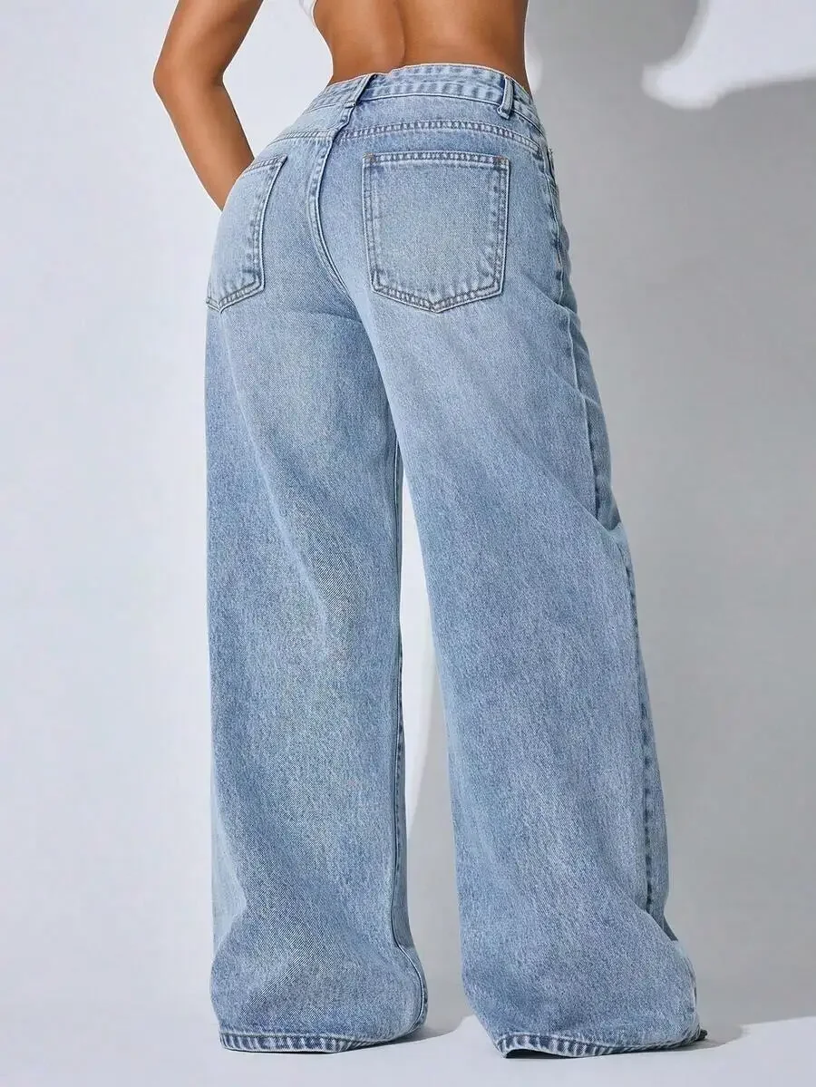 

Low Waist Wide Leg Casual Blue Denim Jeans With Slant Pockets For Women