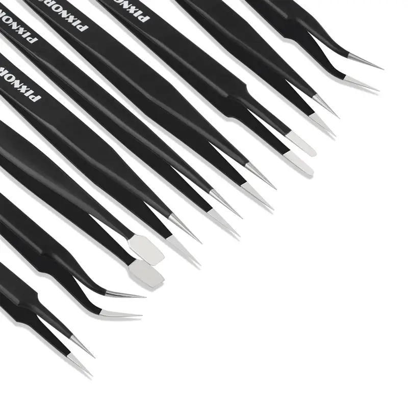 9pcs Anti-Static ESD Stainless Steel Tweezers Set Industrial Repair Tools For Electronics Repair Soldering Craft Tools