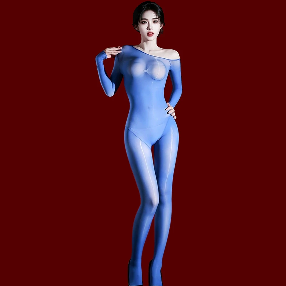 Sexy Women Sloping Shoulders Ultra-thin Oil Shiny Glossy See Through Jumpsuit High Elastic Shaping Long Sleeve Tights Bodysuits