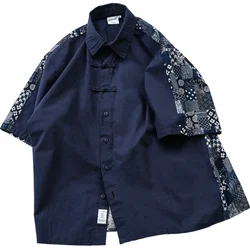 Chinese Buckle Ethnic Style Front and Back Patchwork Shirt Loose Retro Youth Men's Summer Cotton Linen Short Sleeved