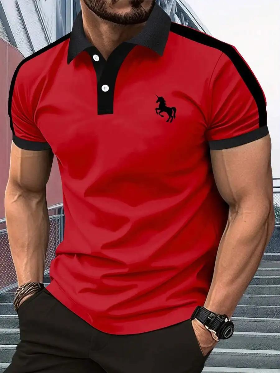 

Men's Red Contrast Trim Polo Shirt with Silhouette Graphic, Casual Sporty Fit