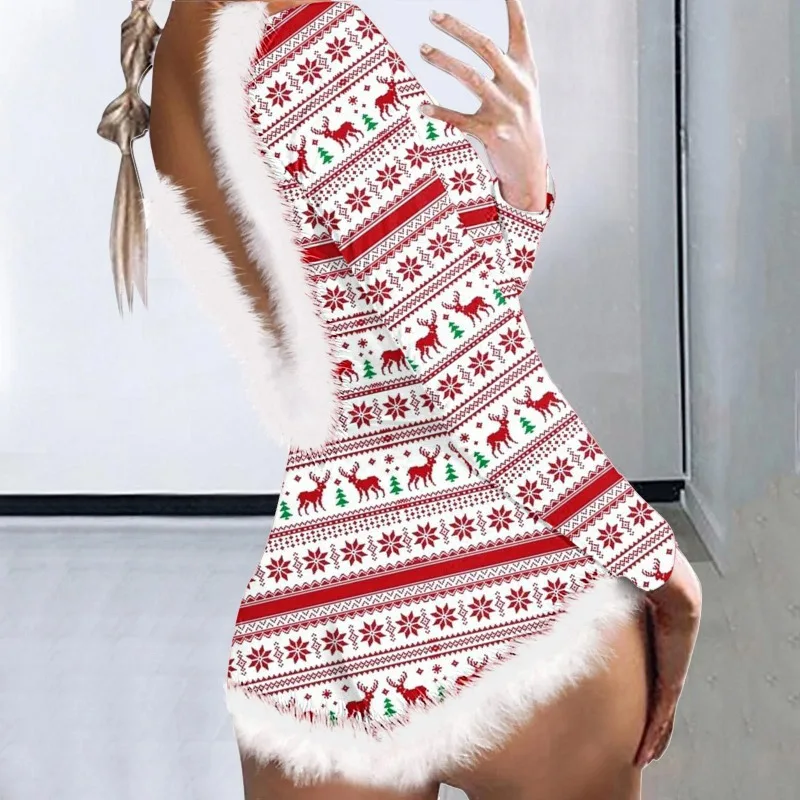 Christmas Print Fur One Piece Romper Women 2023 Winter Fashion Backless Long Sleeve V-neck Button Sleepwear Party Playsuit