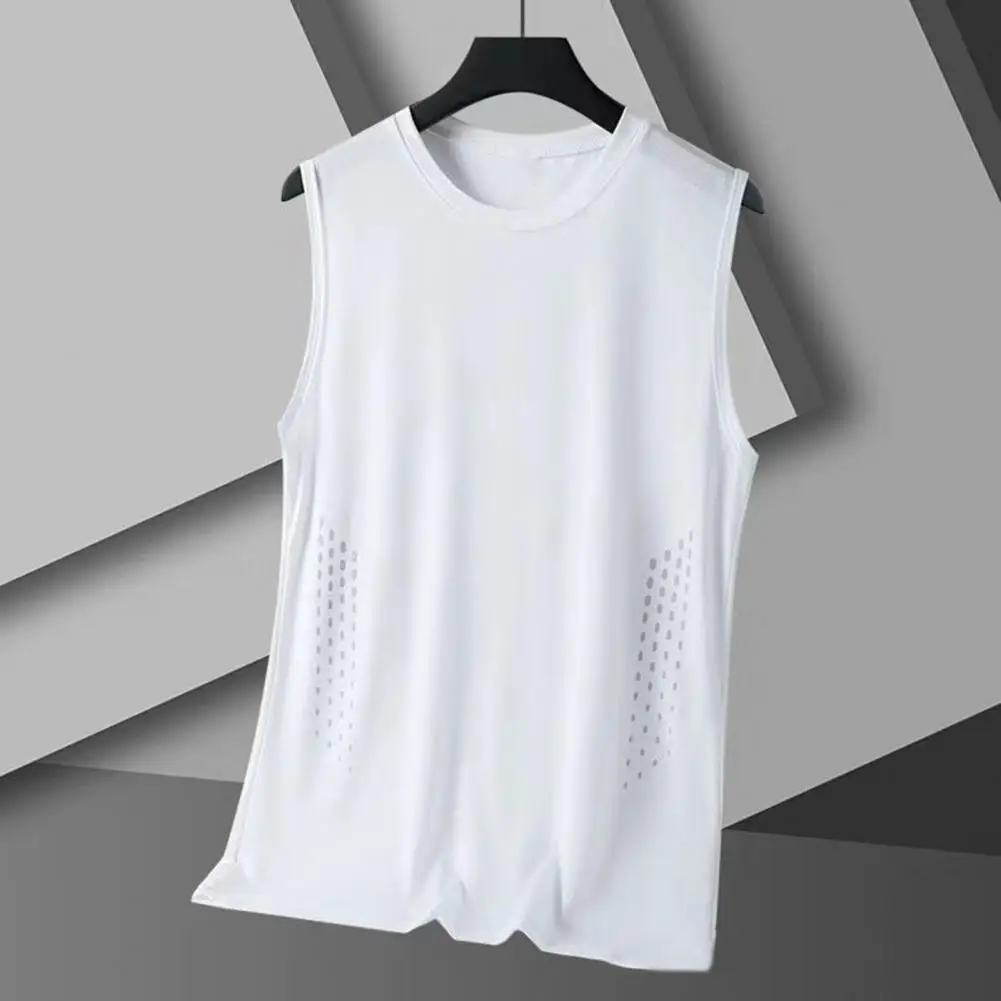 Men Vest Round Neck Sleeveless Breathable Holes Tank Tops Color Block Quick Drying Summer Ice Silk Camisole Fitness Training Top