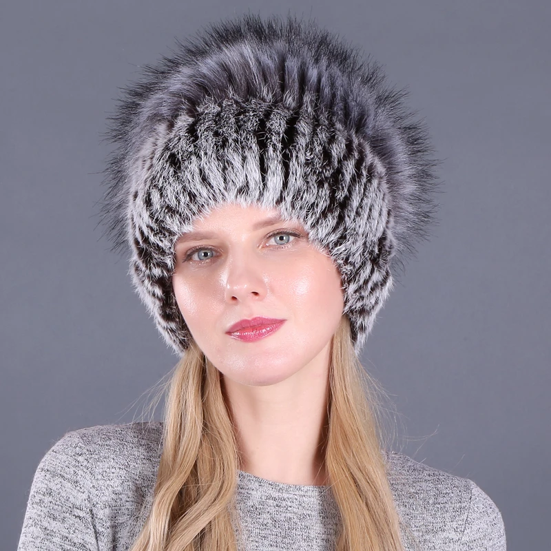 

Good Elastic Natural Fluffy Faux Silver Fox Fur Hat New Winter Women Knitted Real Rabbit Fur Hats Lady Real Fur Cap Wholesale