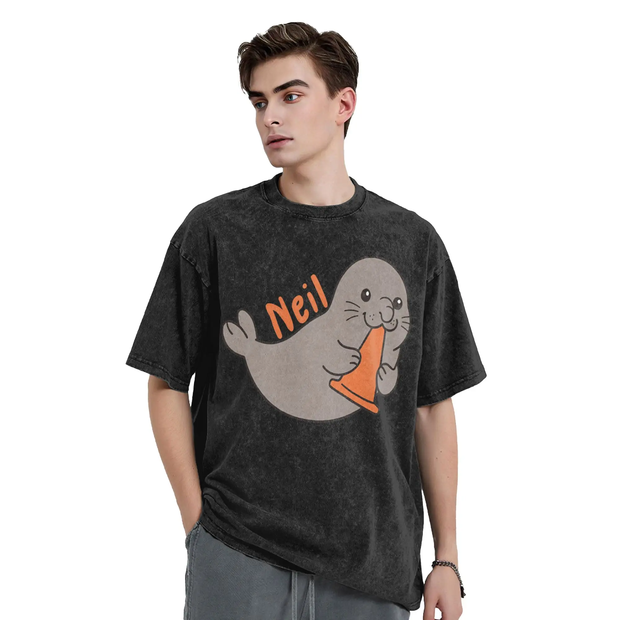 Neil The Seal Kawaii Washed T Shirts Streetwear Hip Hop Vintage T-Shirt  Tee Shirt for Men Women Short Sleeve Harajuku Summer
