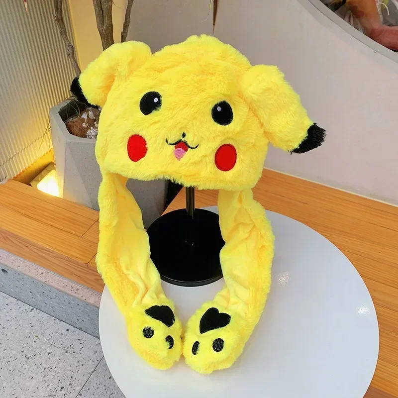 Kawaii Pokemon Pikachu Plush Moving Rabbit Ears Hat Cute Bunny Ears Hat Hand Pinch Cap Cartoon Soft Jumping Up Cap Kids Gifts