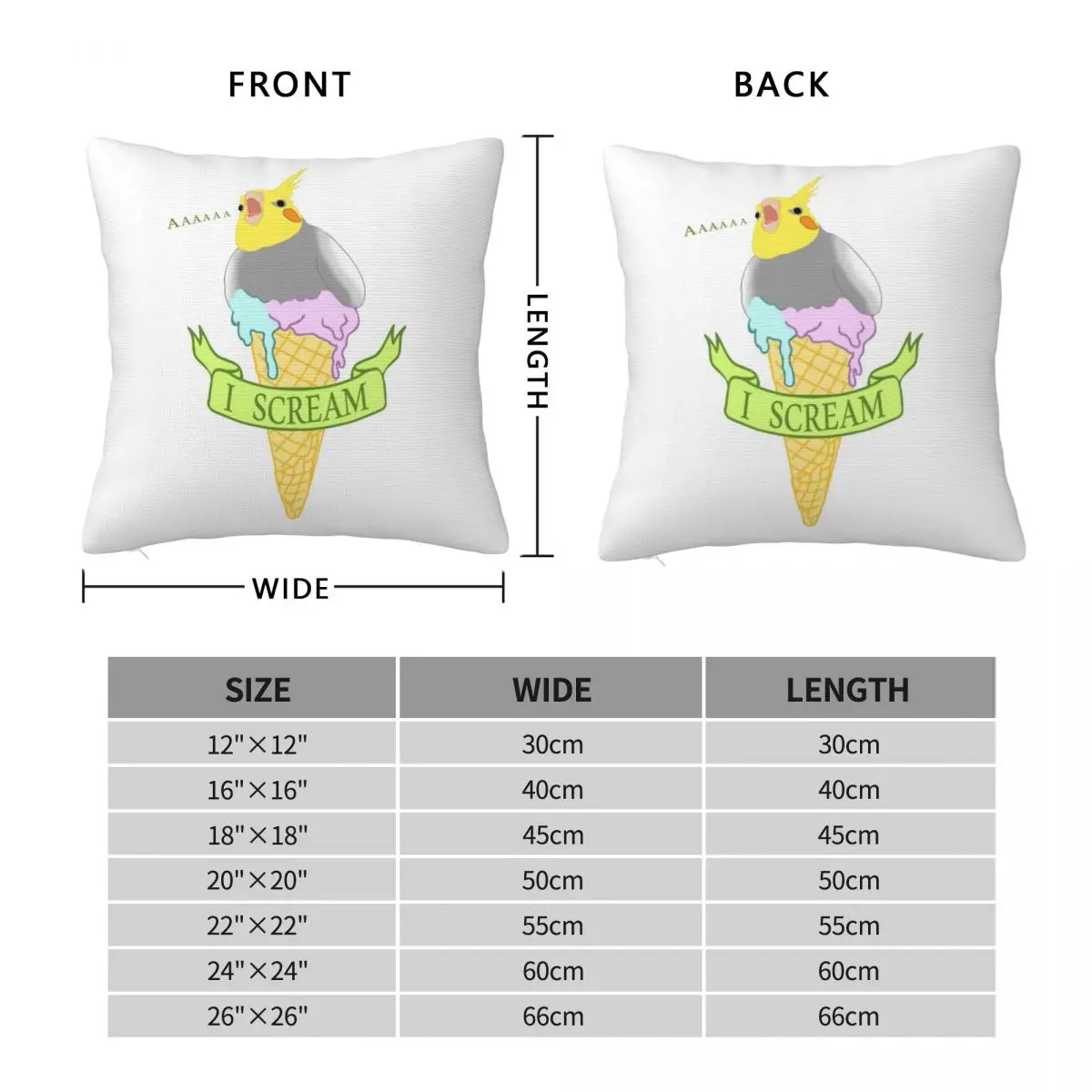 I Scream Ice Cream Cockatiel Pillowcase Polyester Linen Velvet Printed Zip Decor Bed Cushion Cover