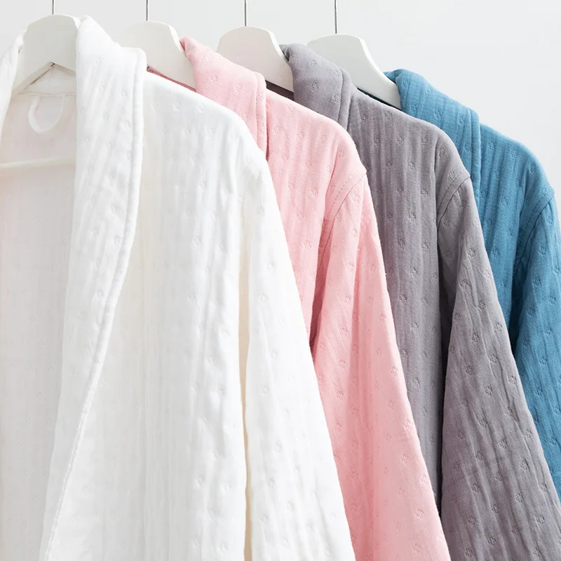 Japanese Simplicity 3-layer Gauze Lapels Yarn Sofe Water Absorption Home Dressing Gown Long Kimono Skin Loose100% Cotton