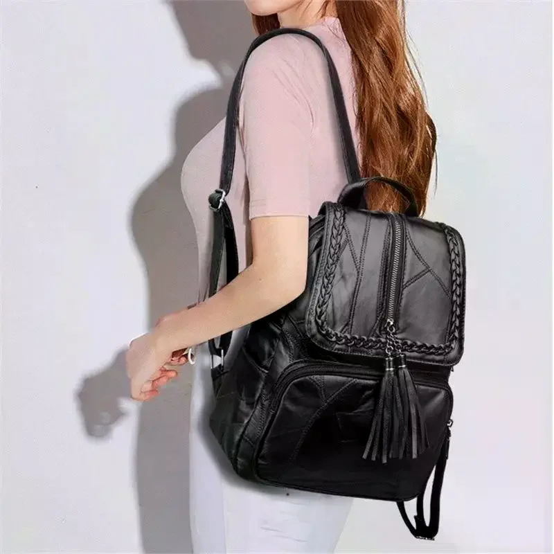 Mini Men's Backpack Black PU Tassel Design Anti-scratch Casual Shoulder Bag Ideal School Daypack for Teenage Boys Students