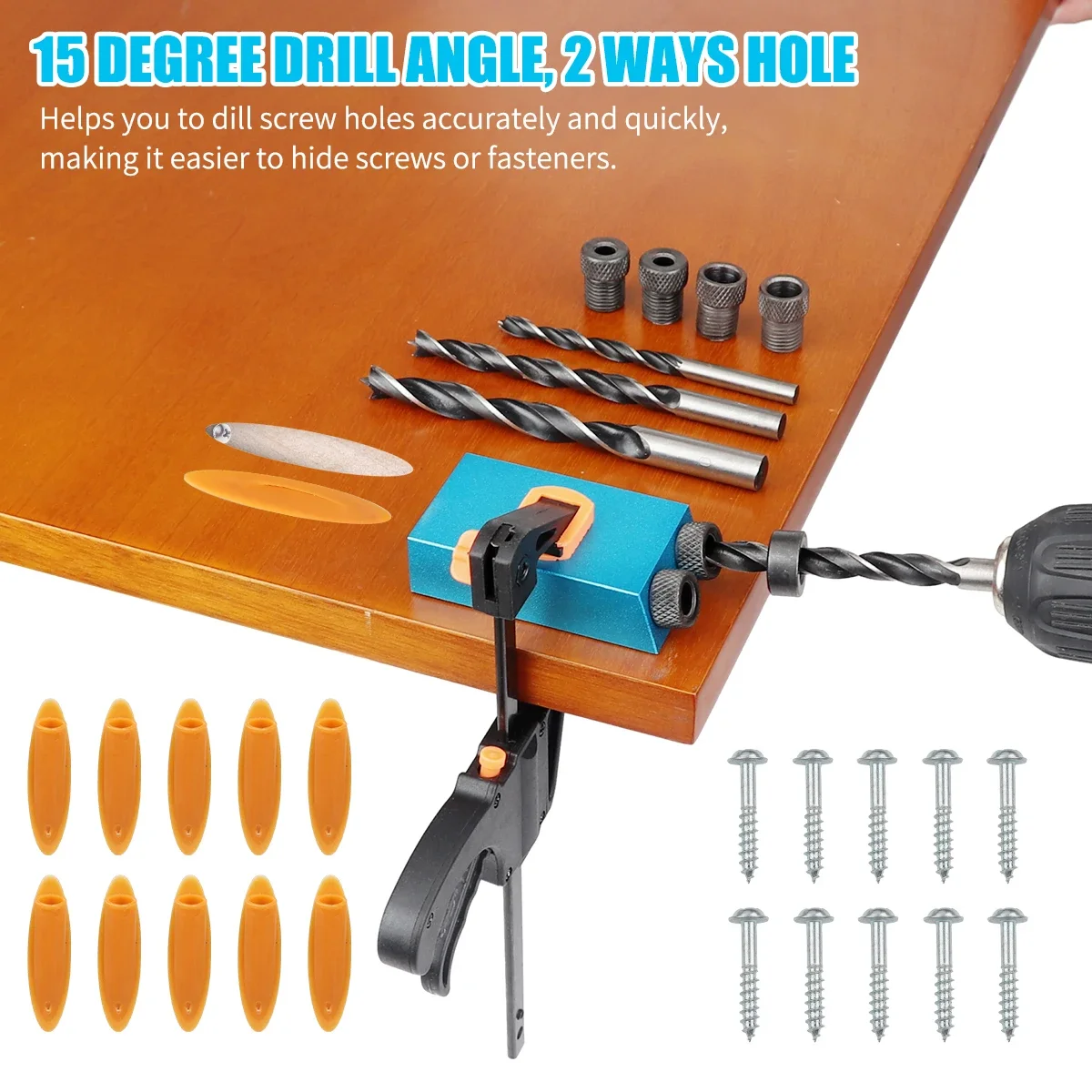 Onnfang 15 Degree Oblique Hole Locator Jig Kit Angle Drill Guide Set Hole Puncher DIY Carpentry Tools Drill Woodworking Tool