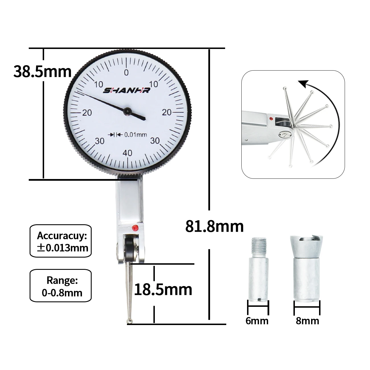 SHANHR 0-8mm 0.01mm Dial Test Indicator with Dovetail Mount and Case Dial Test Indicator Metric Measurement Tools
