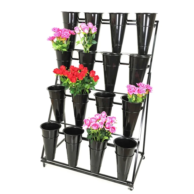 Negozio di fiori freschi supporto in metallo mobile in ferro multistrato espositore per fiori secchio Rack decorazioni per balconi supporto per piante