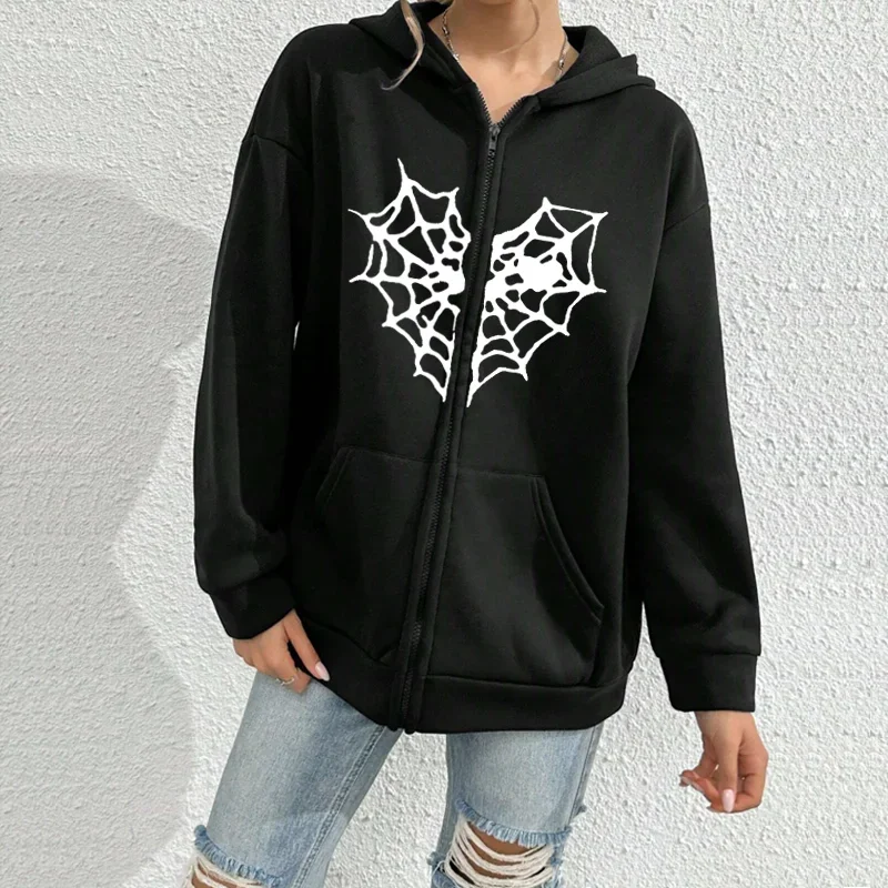 Spider Web Graphic Hoodies Women Men Casual Zip up Sweatshirt Harajuku Streetwear Y2k Hooded Jacket Zipper Cardigan Brown Emo