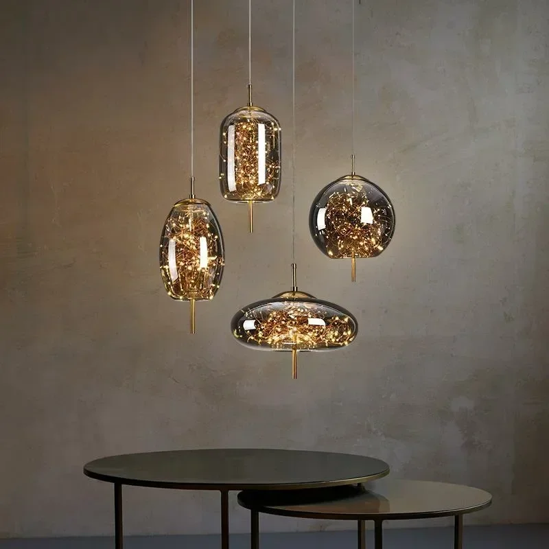

Nordic Glass Bubble Ball LED Pendant Light Luxury Stars Hanging Lamp Fixtures Bedroom Modern Luminaire Suspension Chandelier