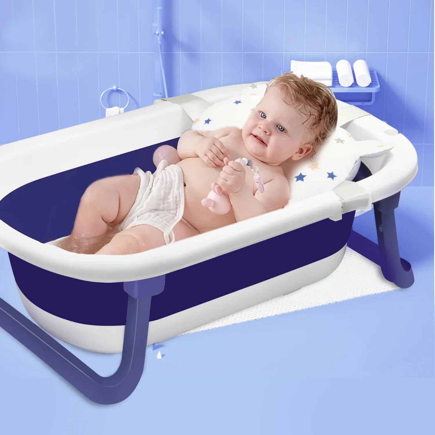 

Foldable Baby Bathtub for Infants to Toddlers 0-24 Months, Portable Travel Multifunctional with Newborn Cushion & Anti-skid Pad