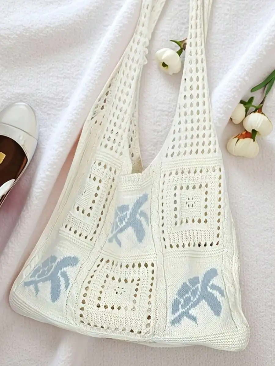 

Womens Crochet Beach Tote Bag With Sea Turtle Pattern, Large Open Top Casual Bohemian Bag
