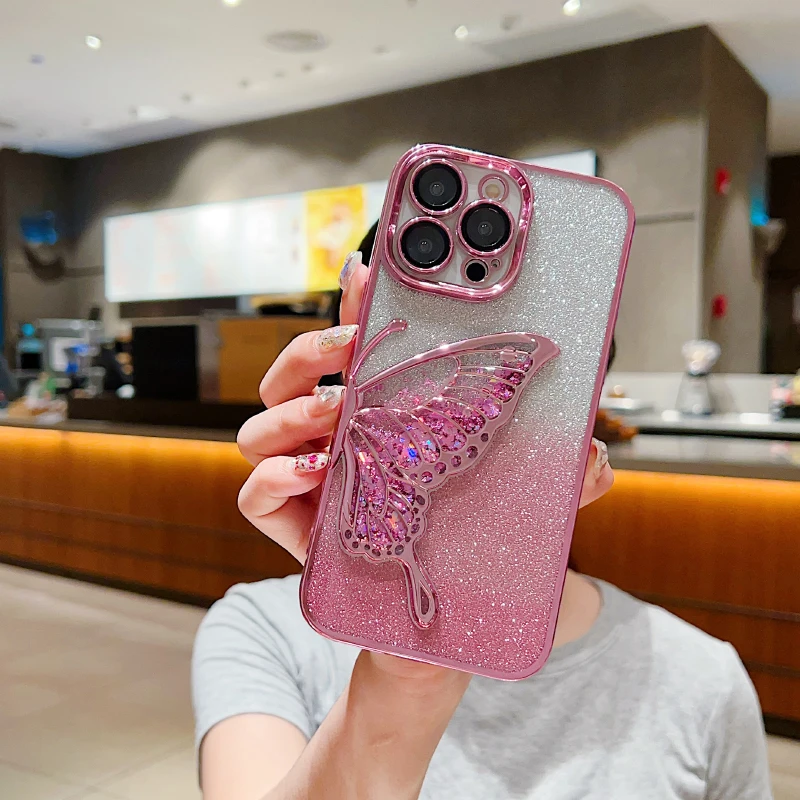 Funda de teléfono de mariposa con purpurina y borde chapado de Color sólido de lujo para iPhone 17 Pro Max Air 15 11 12 13 14 16 Pro Max