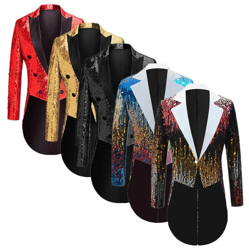 

White-collar Men's Tailcoat, Red Metallic Sequin-embellished Long Jacket, Wedding Party Formal Wear Outerwear, Asian Sizes S-3XL