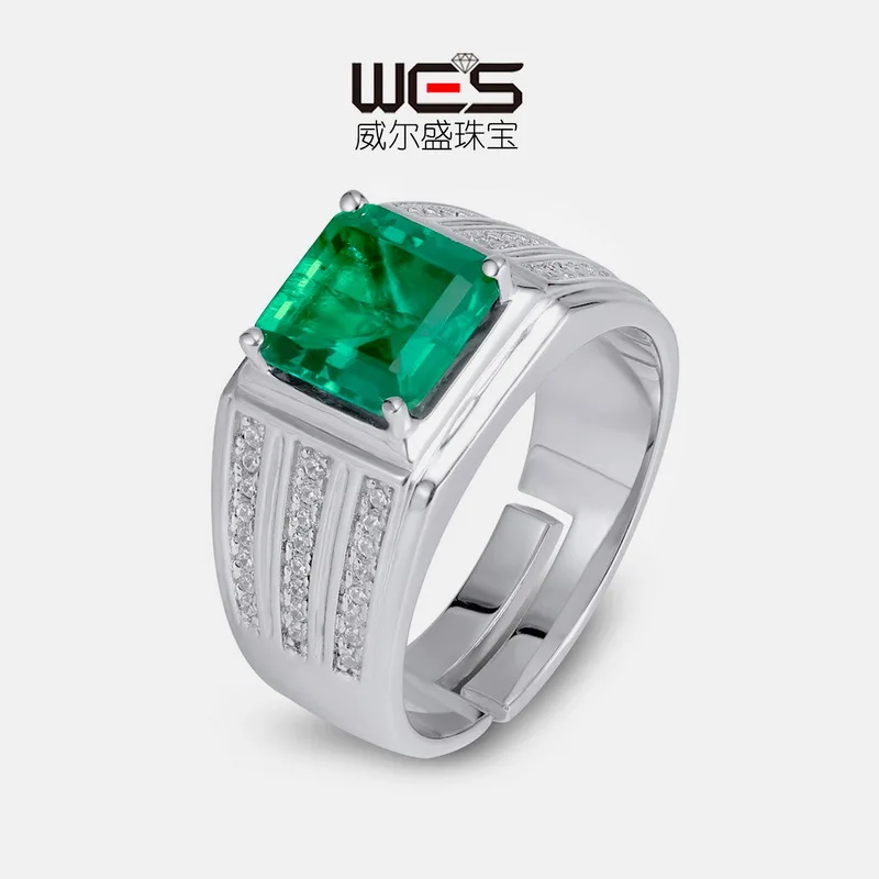 Stylish and elegant 18K gold inlaid colored baby stone PT950 platinum cultured emerald ring men's retro ring